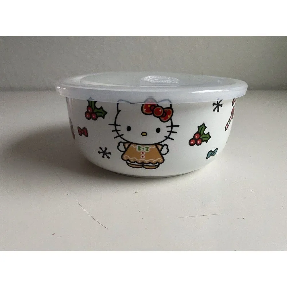 Hello Kitty Christmas Pressure Lid Ceramic Food Storage Bowl Container Large NEW
